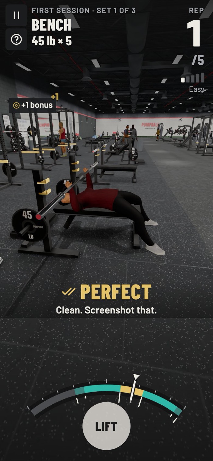 Bench press gameplay showing a Perfect result on the Drive Timing meter