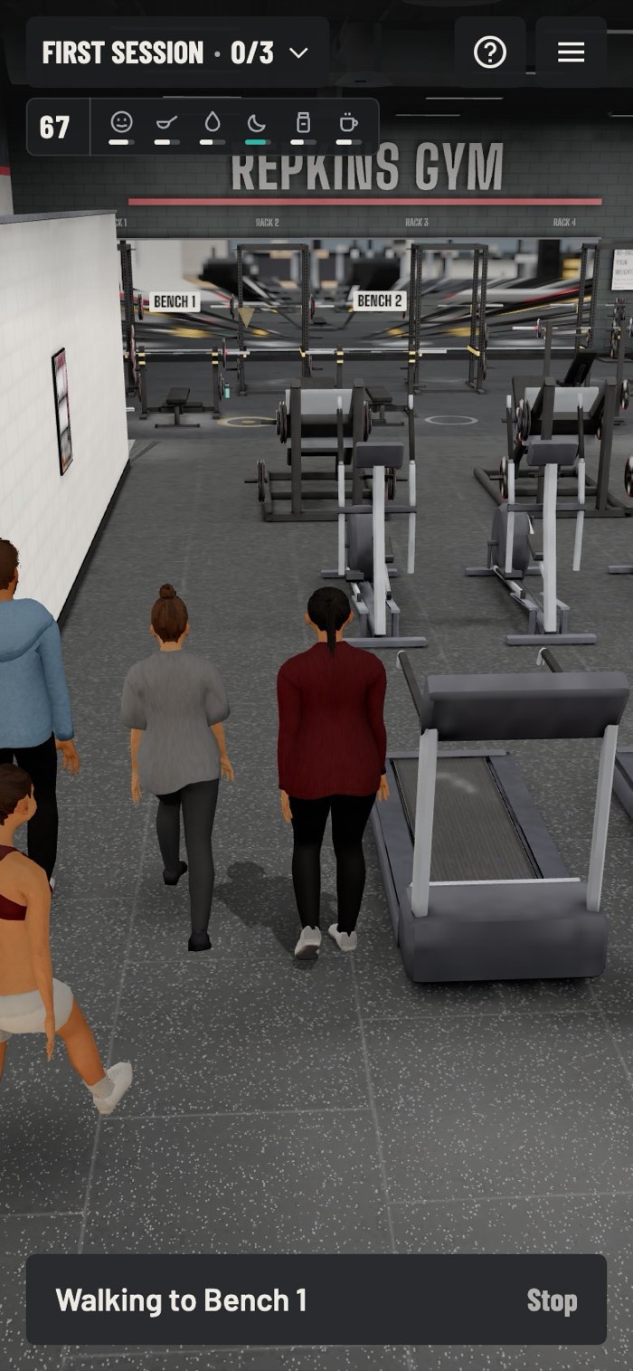 The player’s lifter walking alongside a gym regular between weight machines in Repkins Gym