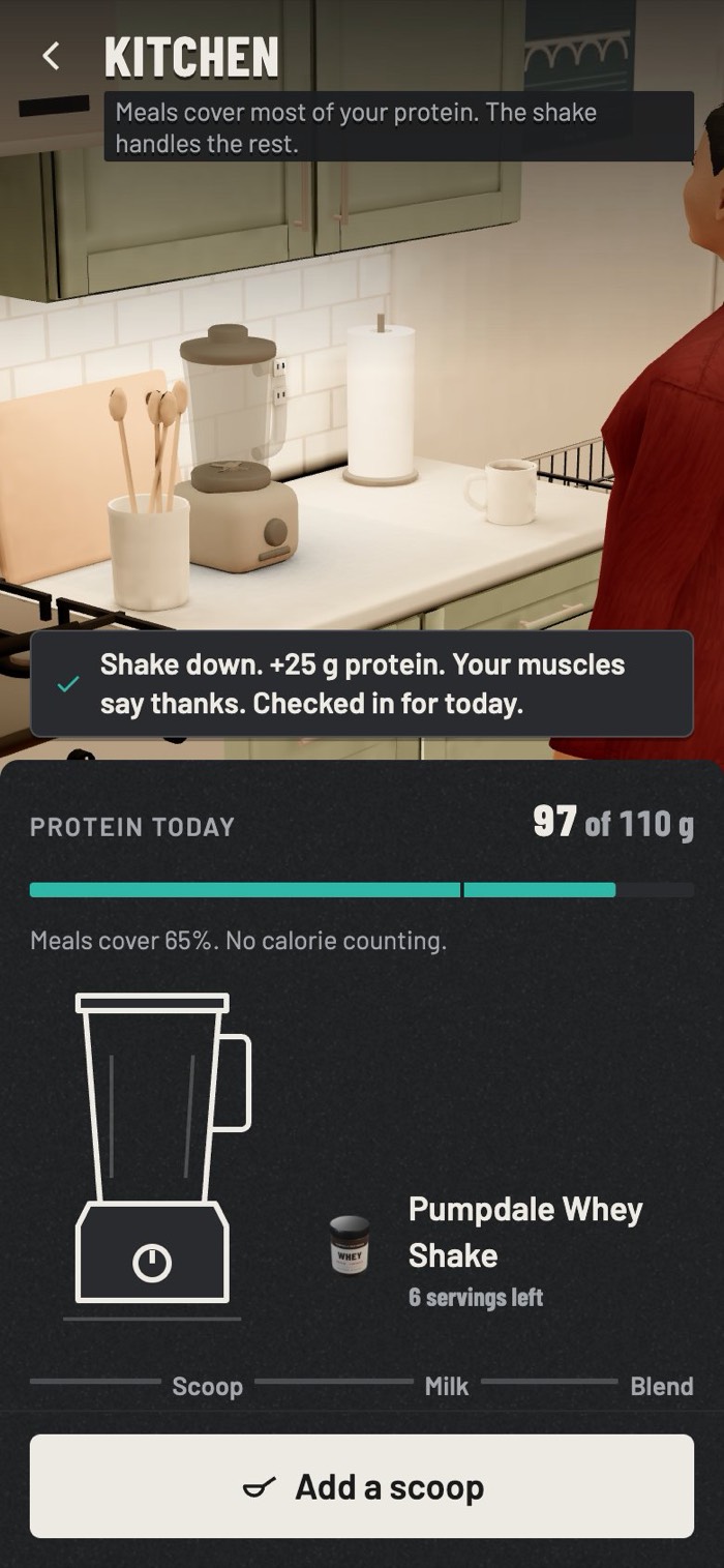 A lifter making a protein shake in the apartment kitchen