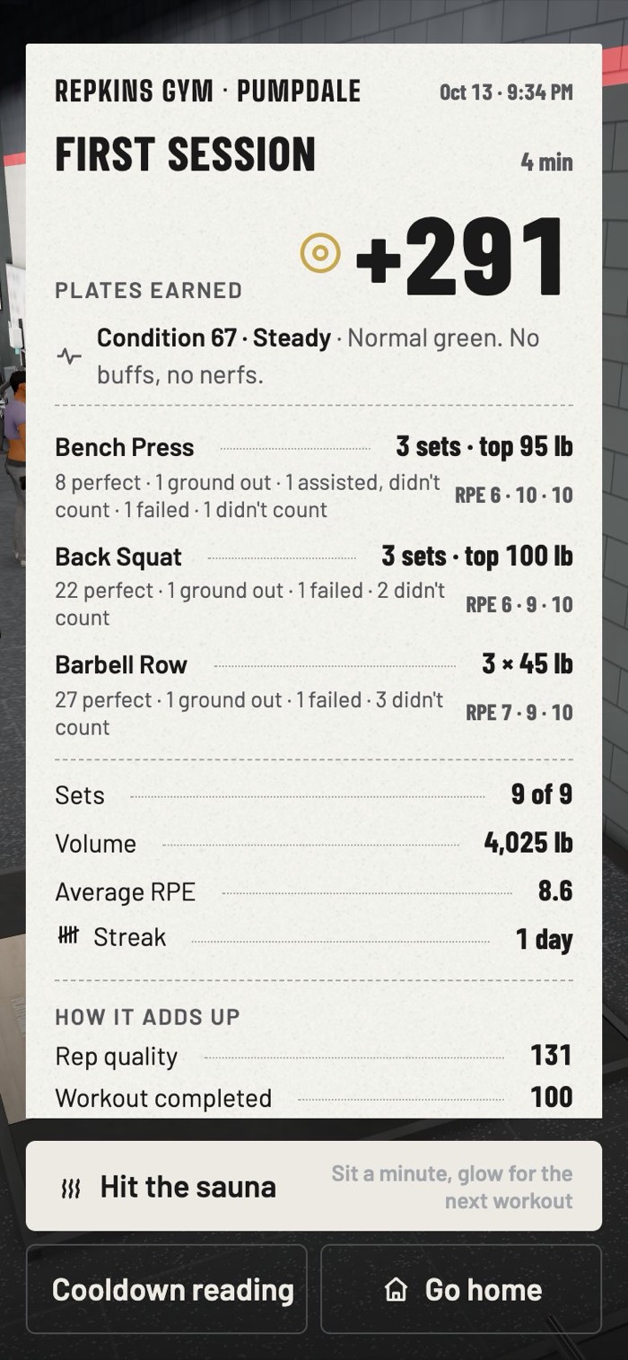 A workout receipt summarizing sets, volume, effort, and Plates earned